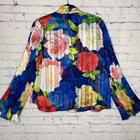 The Moon Floral Bell Sleeve Tie Neck Colorful Semi -Sheer Blouse S Blue Multi - Picture 3 of 9